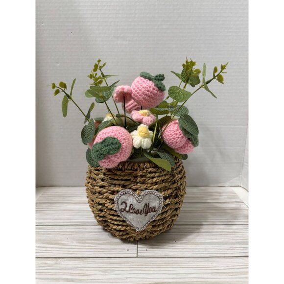 Handmade Other - Crochet Flowers In Woven Basket With "I Love You" Heart Accent